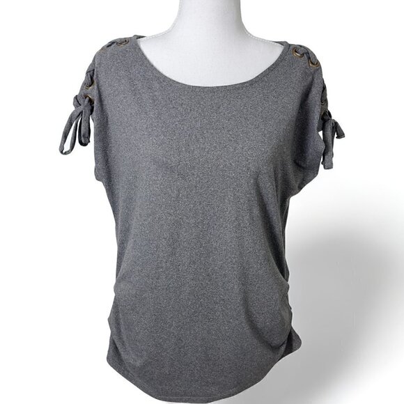 AUW Gray Ruched Waist Lace up Gourmet Shoulder Jersey T-Shirt Top (S) - Picture 3 of 10